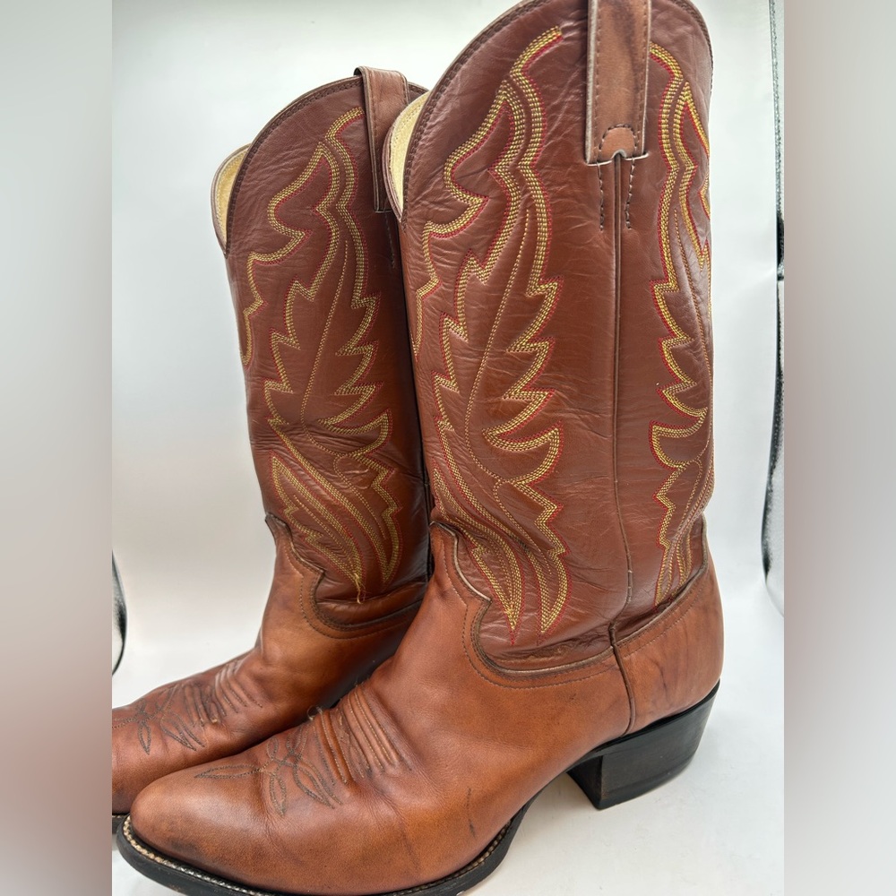 VINTAGE Diamond J JUSTIN Western Cowboy Brown Leather Boots WM’S Size US 12.5 - Picture 8 of 14